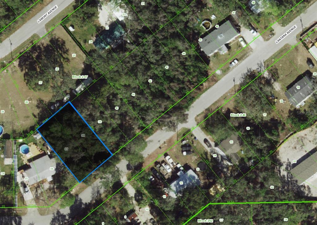 An aerial map shows a highlighted vacant lot surrounded by residential properties and streets — 0 LANTANA AVENUE, NEW PORT RICHEY, FL