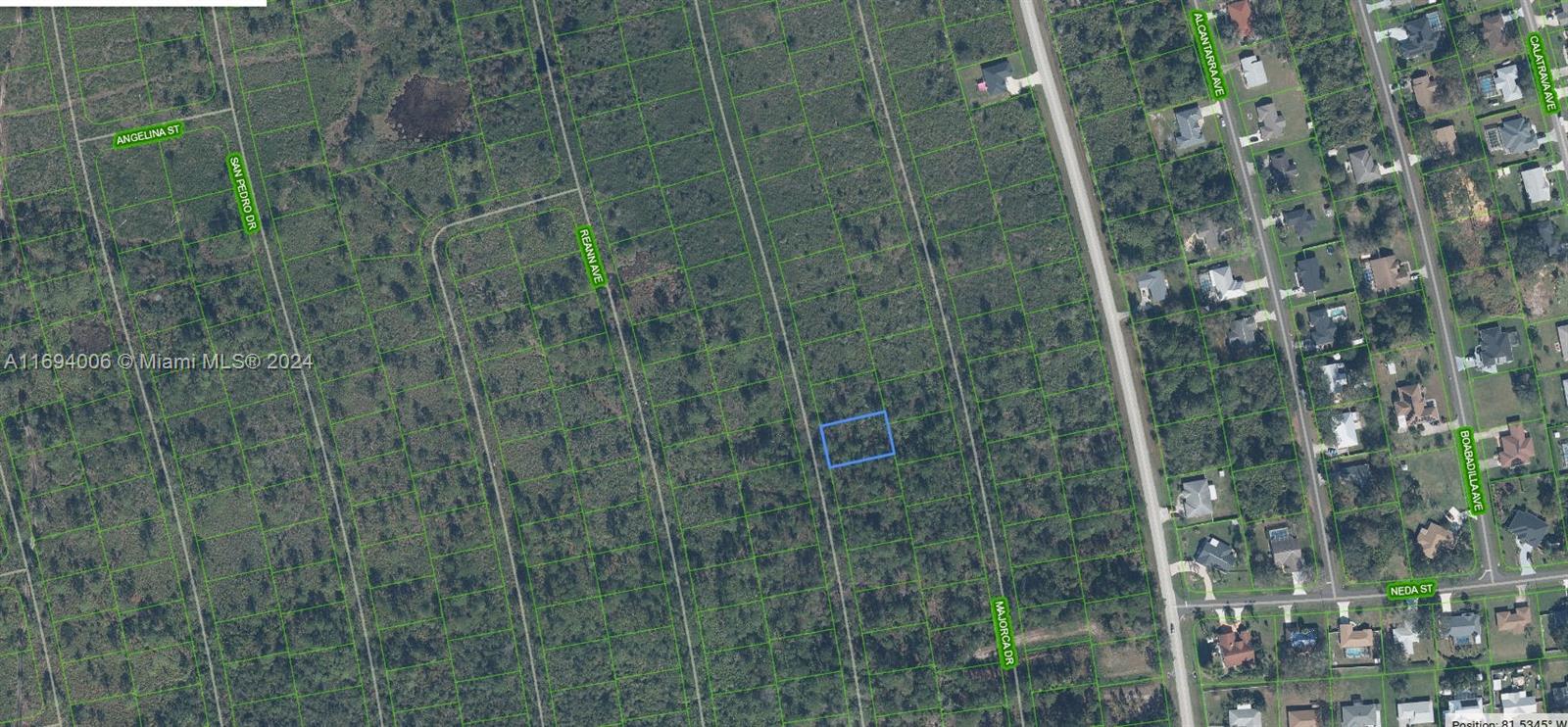 This is an aerial map showing a vacant rectangular lot highlighted in blue among undeveloped land — 4434 Obispo Ave, Sebring FL 33872, SEBRING, FL