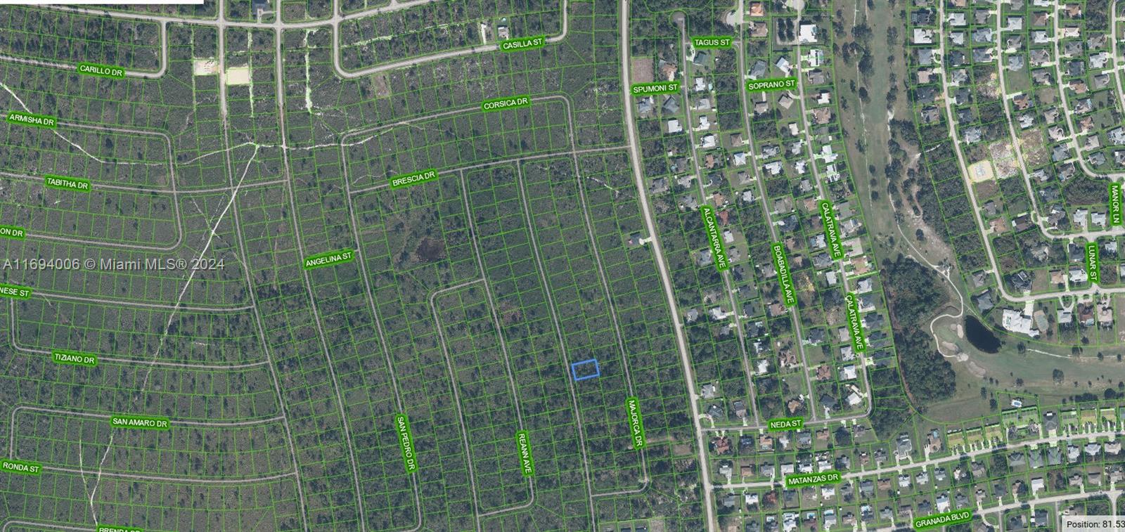 This is an aerial map showing a vacant lot highlighted in blue within a residential area — 4434 Obispo Ave, Sebring FL 33872, SEBRING, FL