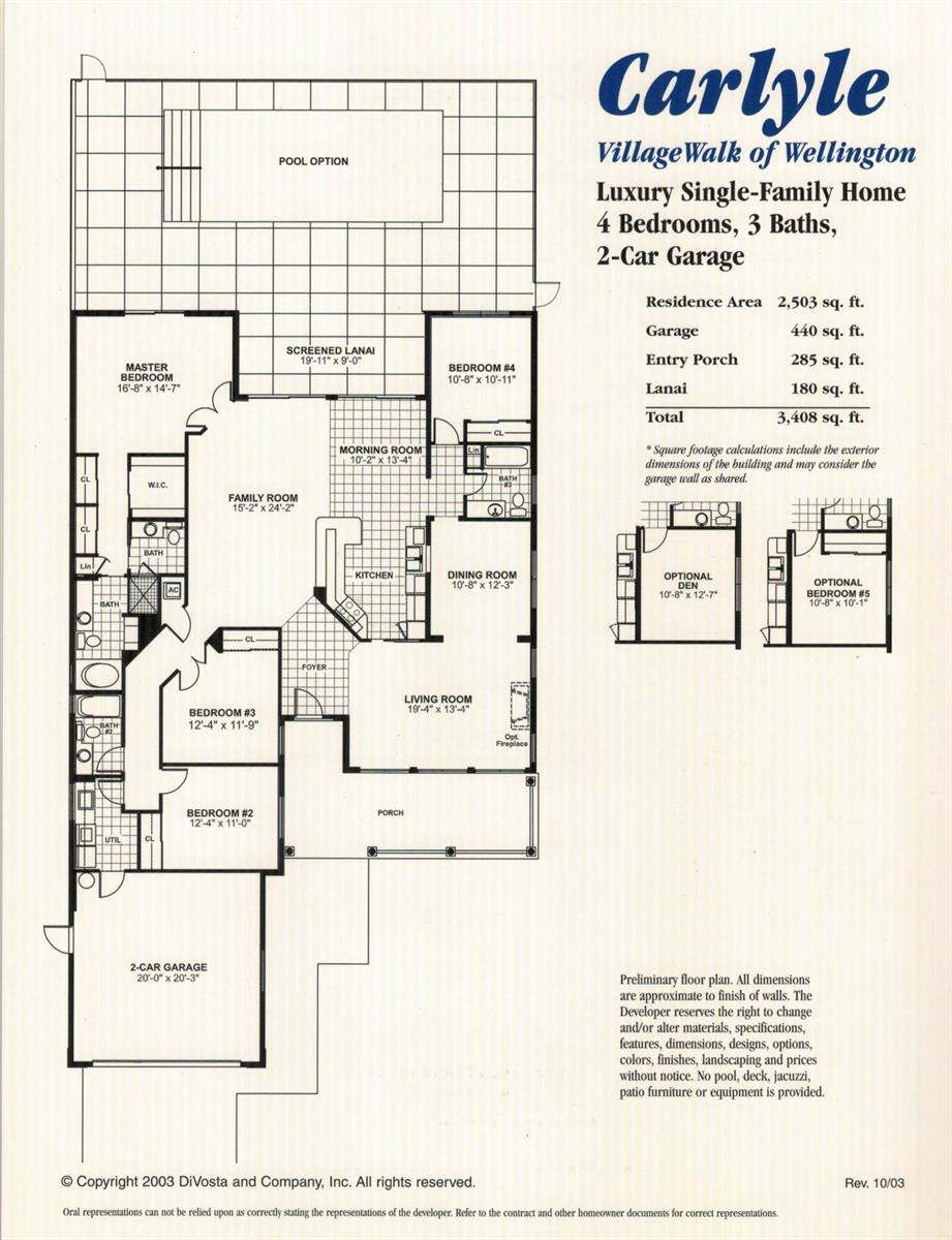 This is a floor plan for a four-bedroom, three-bath single-family home with a garage — 8435 Belize Place, Wellington FL 33414, WELLINGTON, FL