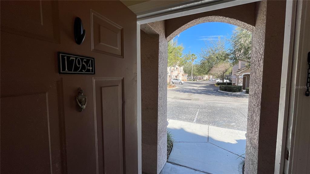 An open front door reveals a view of a residential street and neighboring buildings — 17954 VILLA CREEK DRIVE UNIT 17954, TAMPA, FL