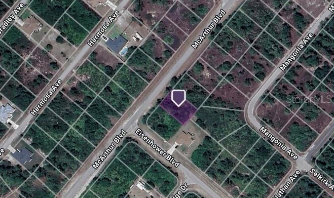This is an aerial map view showing a vacant lot highlighted in purple — 351 MCARTHUR BOULEVARD, LEHIGH ACRES, FL