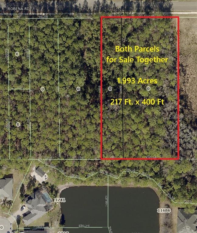 An aerial map shows two adjacent wooded parcels of land outlined in red — 3678 ROBENA ROAD, JACKSONVILLE, FL