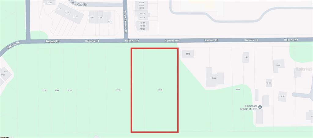 This is a map showing a rectangular plot of land highlighted in red on Robena Road — 3678 ROBENA ROAD, JACKSONVILLE, FL
