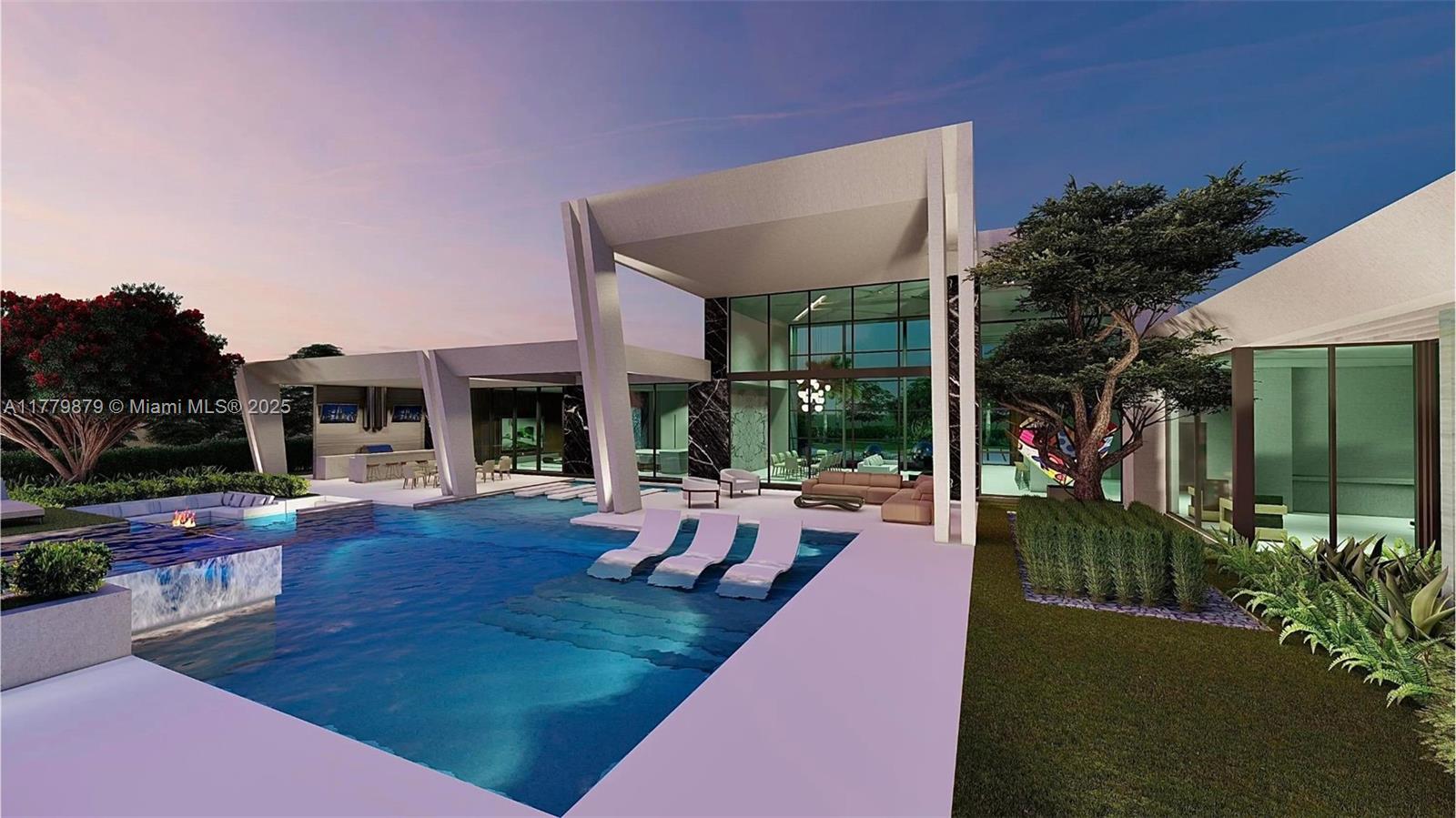 This is a rendering of a modern luxury home exterior featuring a pool and patio — 15313 Persimmon Ave, Delray Beach FL 33446, DELRAY BEACH, FL