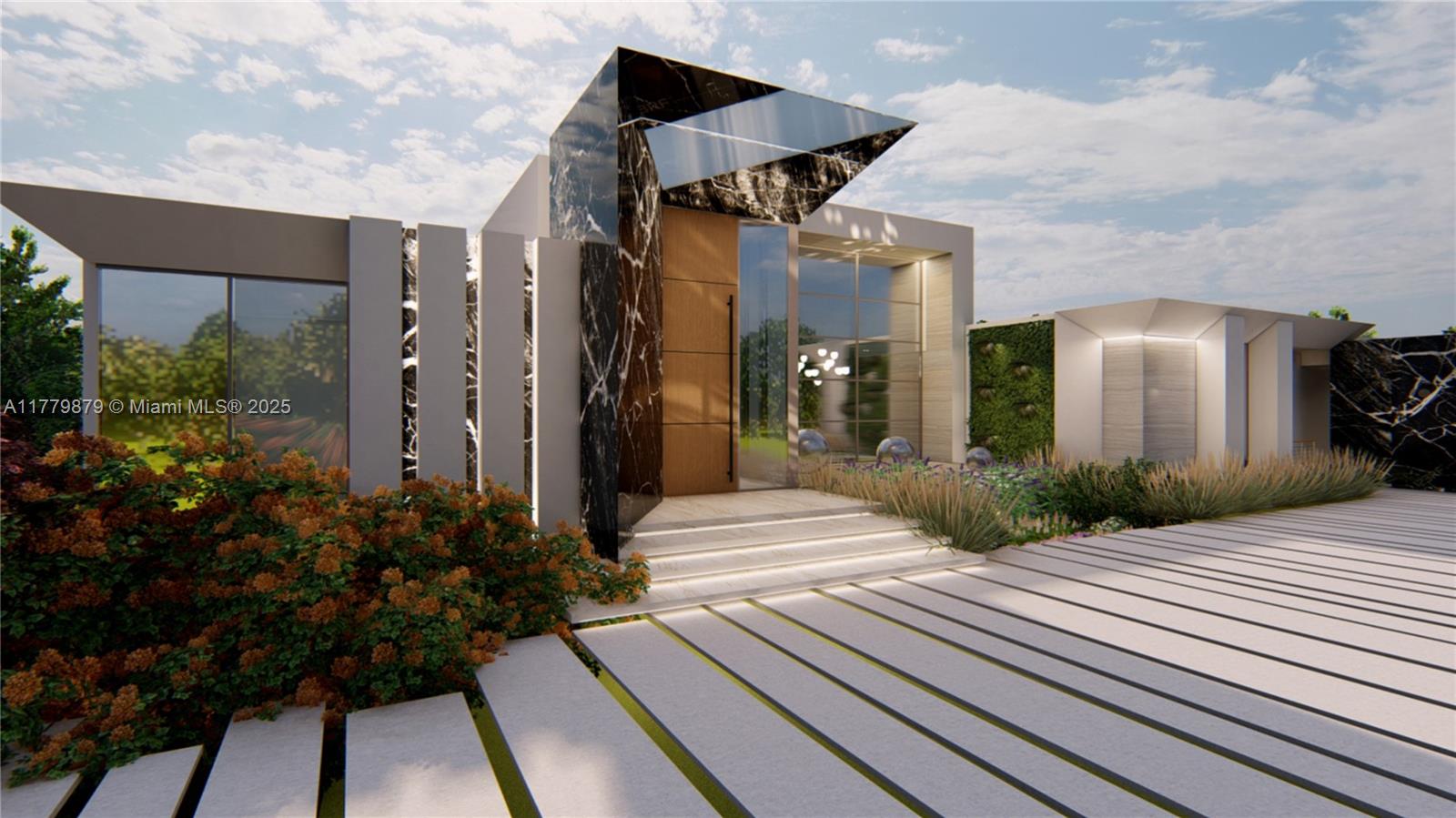This is a rendering of a modern home exterior featuring marble accents and a glass entrance — 15313 Persimmon Ave, Delray Beach FL 33446, DELRAY BEACH, FL