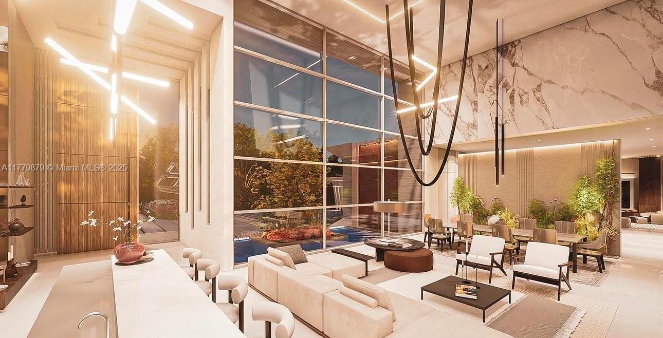 This rendering shows a modern open-concept living and dining area with floor-to-ceiling windows — 15313 Persimmon Ave, Delray Beach FL 33446, DELRAY BEACH, FL