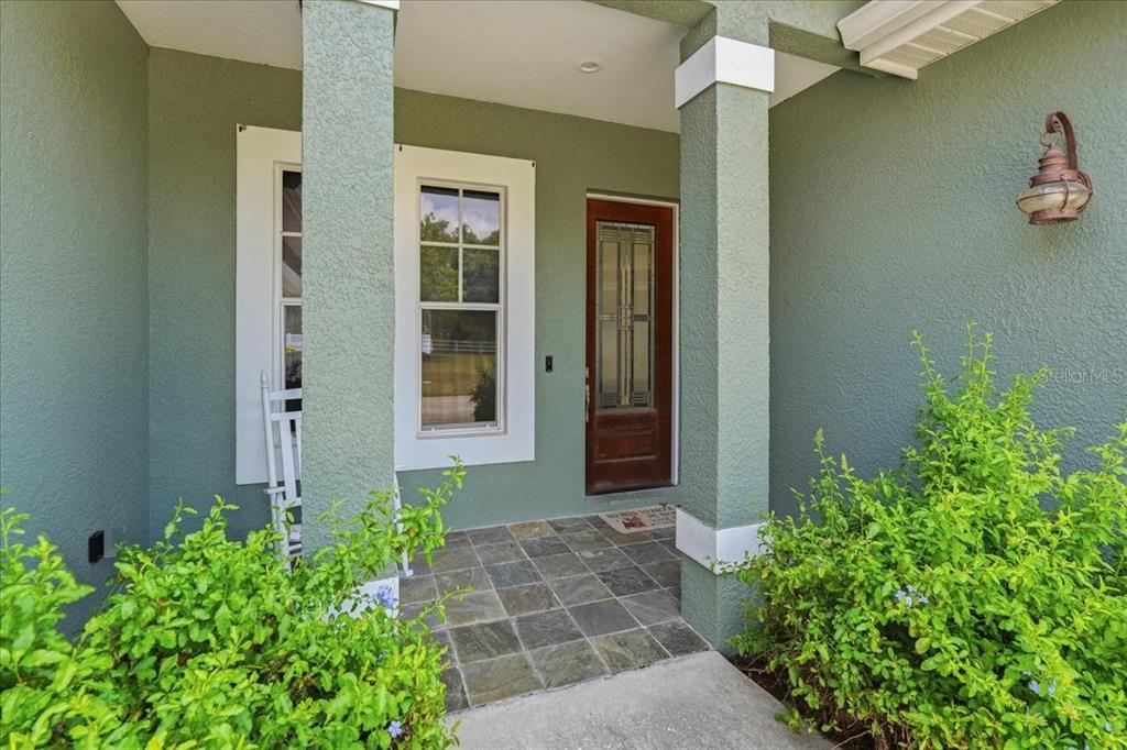 A covered entryway features a wooden front door, tiled floor, and green stucco walls — 7014 JONES ROAD, ODESSA, FL
