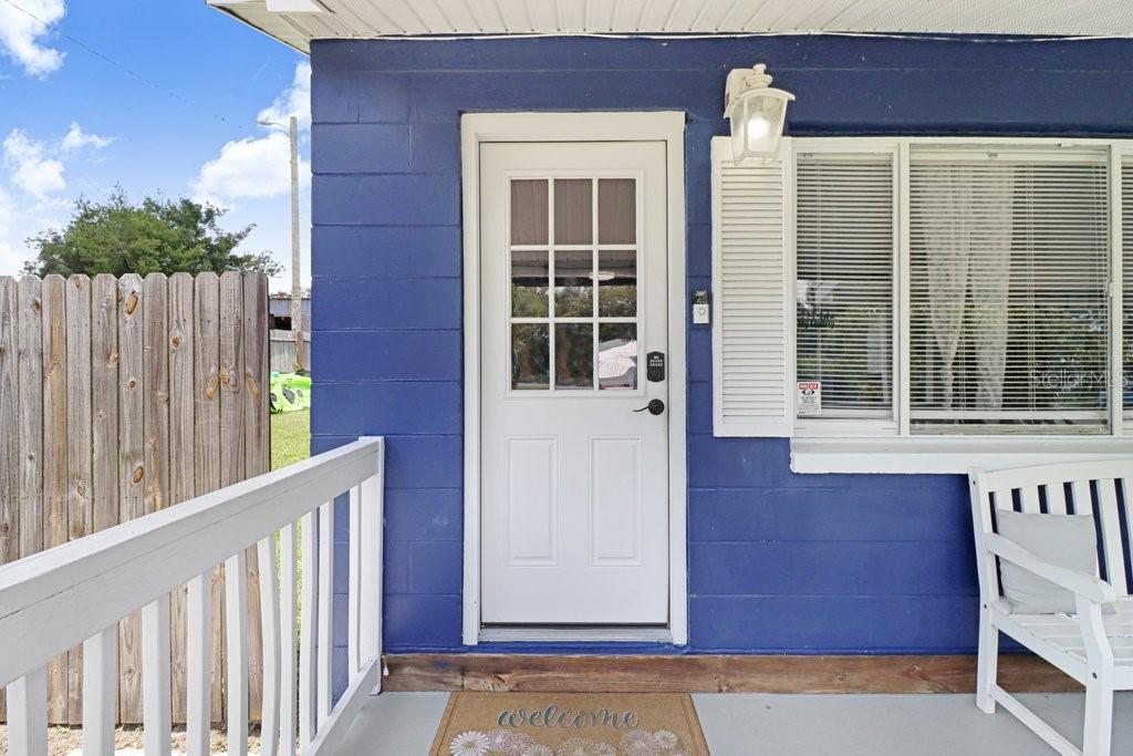 A blue exterior wall features a white front door, a window with shutters, and a porch — 11110 HACKNEY DRIVE, RIVERVIEW, FL