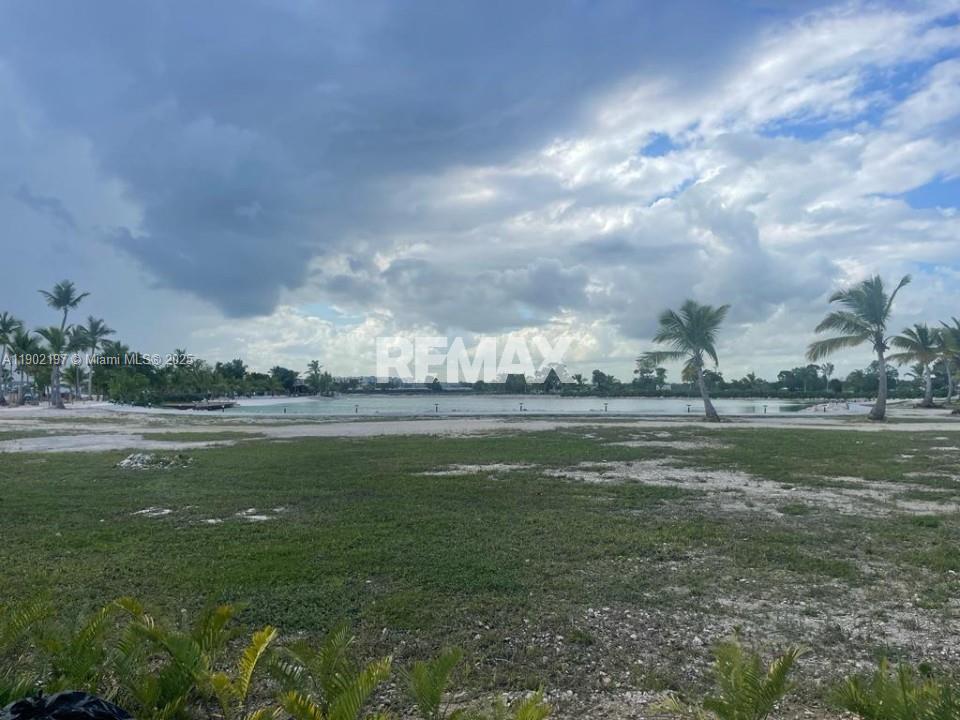 A grassy lot overlooks a calm lake under a cloudy sky with palm trees — Vista cana punta cana, PU 2300, PU