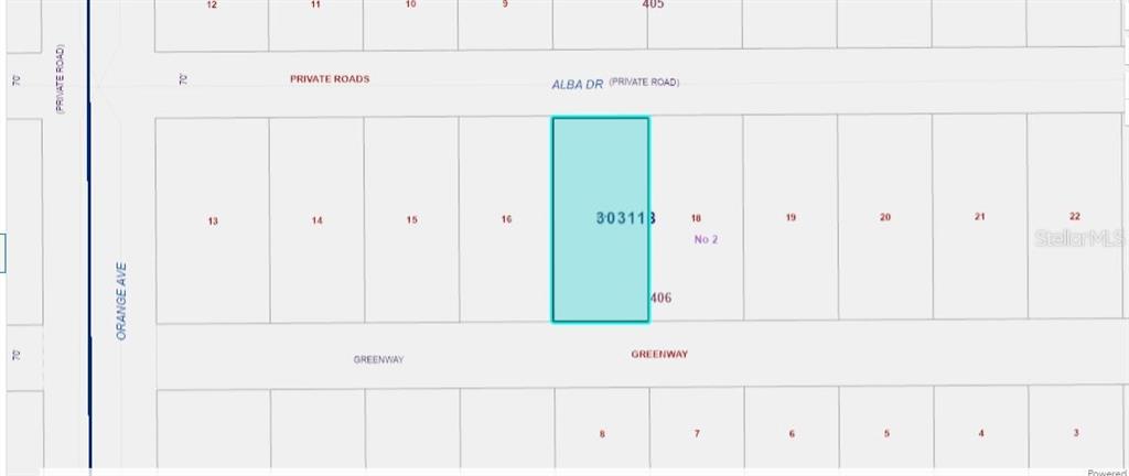 This is a property map showing a highlighted rectangular lot situated between Alba Drive and Greenway — 715 ALBA DRIVE, INDIAN LAKE ESTATES, FL