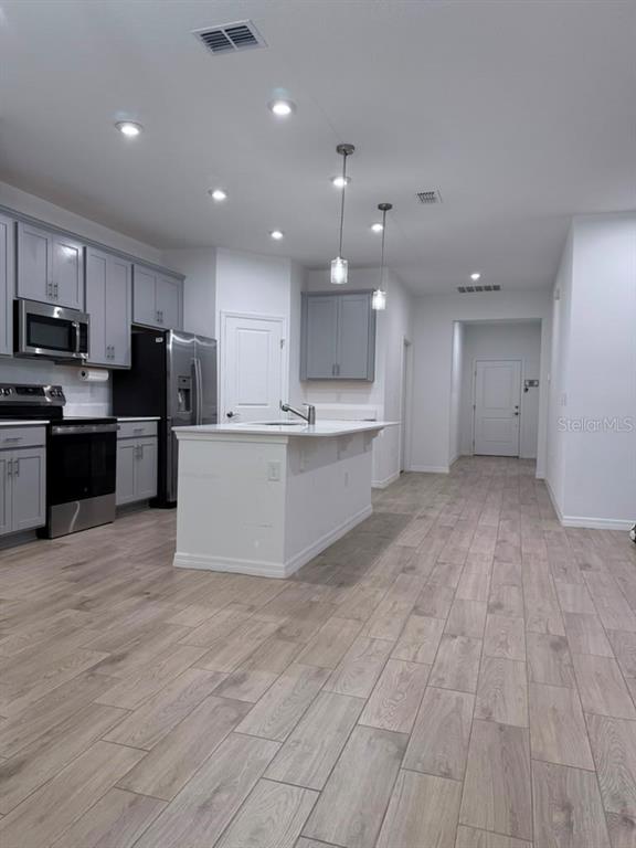 A kitchen features gray cabinets, stainless steel appliances, a white island, and light wood-look flooring — 6518 WATERLILY PLACE, LAKE HAMILTON, FL