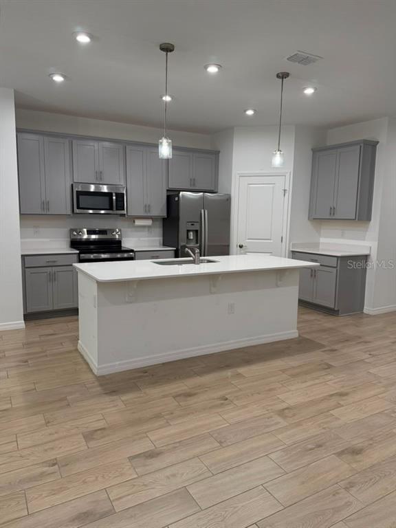 A kitchen features gray cabinets, stainless steel appliances, a white island, and wood-look tile flooring — 6518 WATERLILY PLACE, LAKE HAMILTON, FL