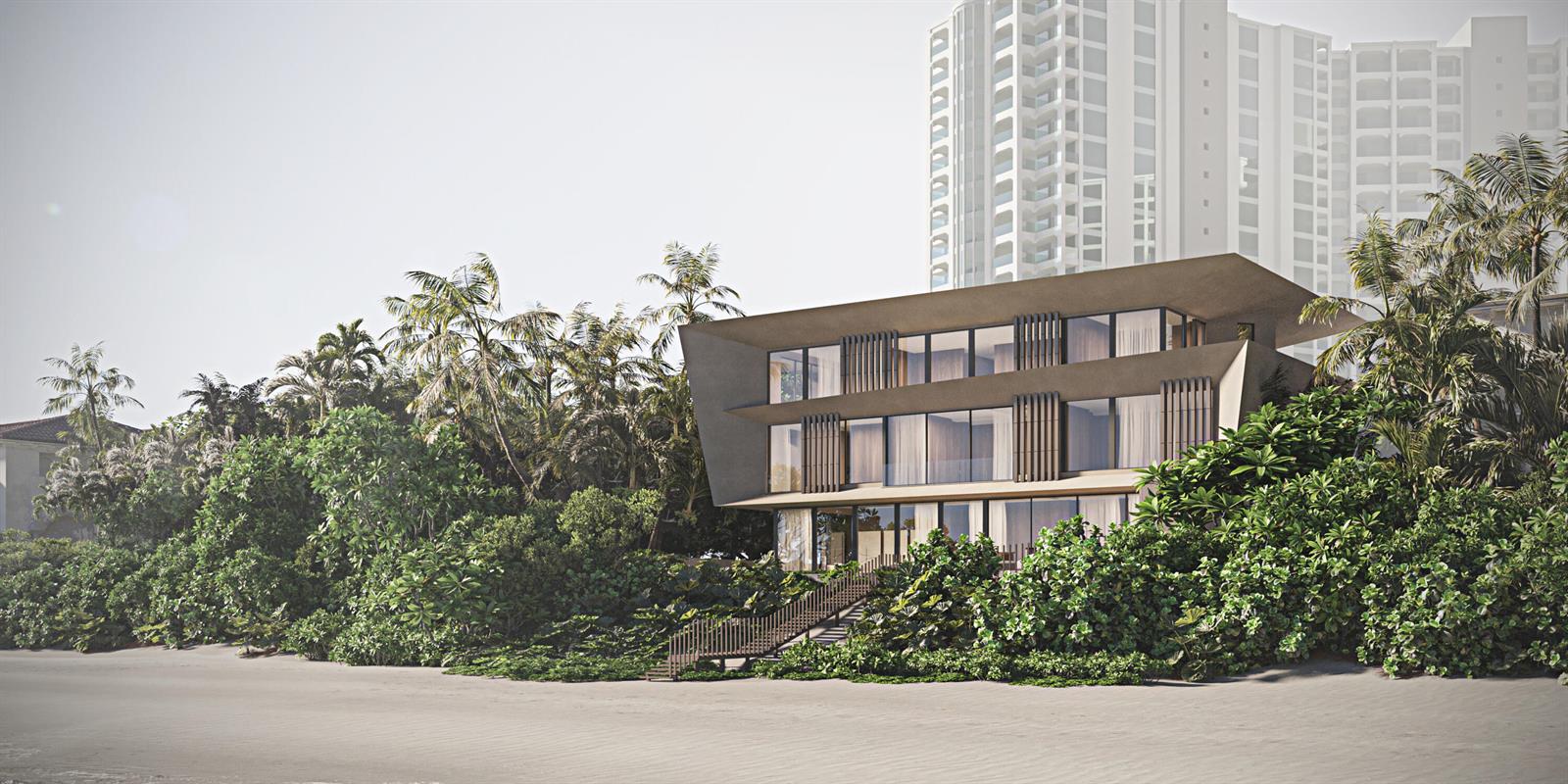 This architectural rendering shows a modern three-story beach house nestled among lush tropical vegetation — 3805 S Ocean Boulevard, Highland Beach FL 33487, HIGHLAND BEACH, FL