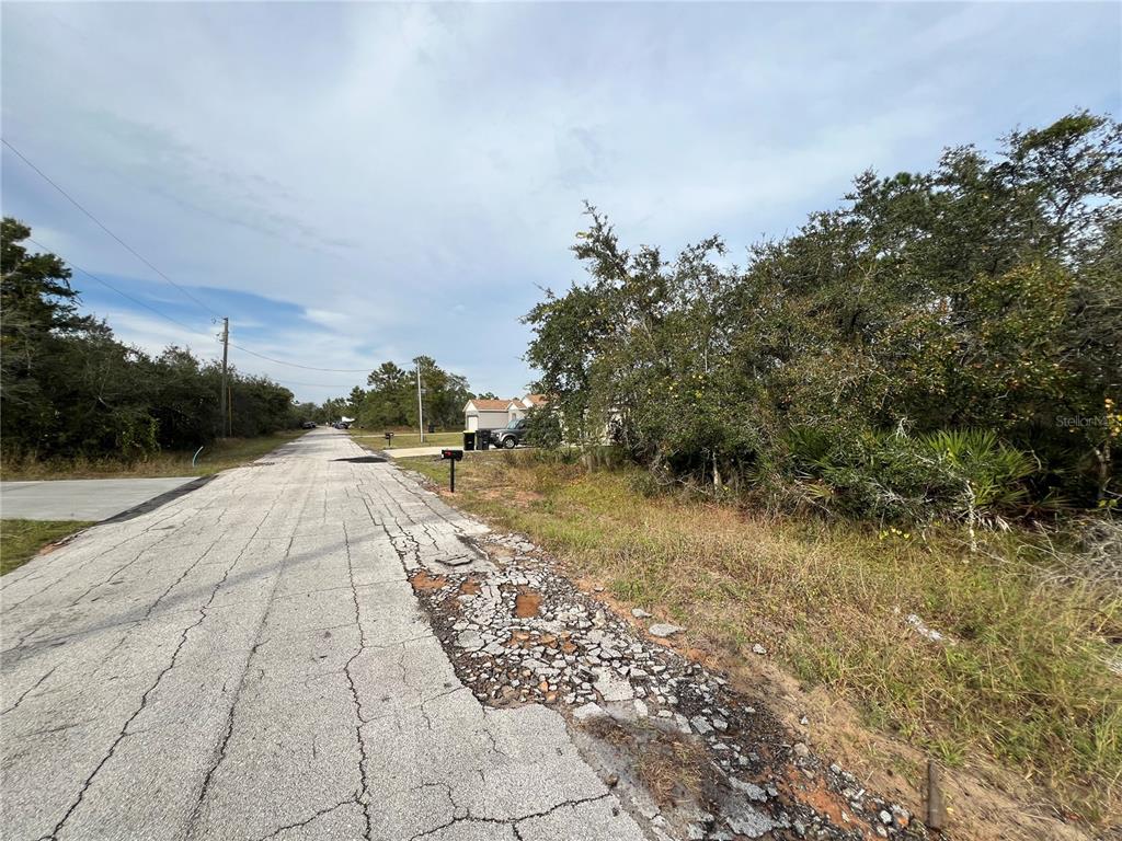 A cracked asphalt road leads toward a wooded lot and a distant house — 1205 ALAFIA WAY, KISSIMMEE, FL