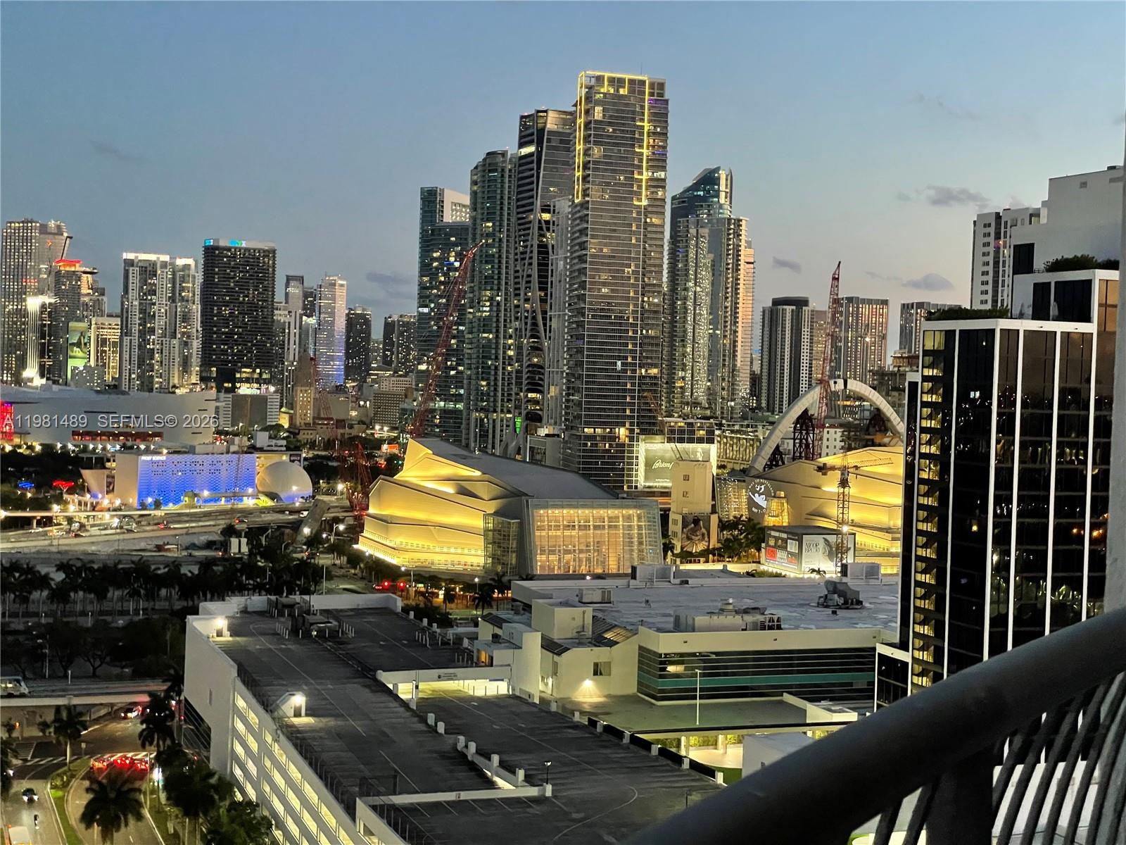 An elevated view of the Miami skyline featuring the Adrienne Arsht Center at dusk — 1750 N Bayshore Dr # 2814, Miami FL 33132, MIAMI, FL