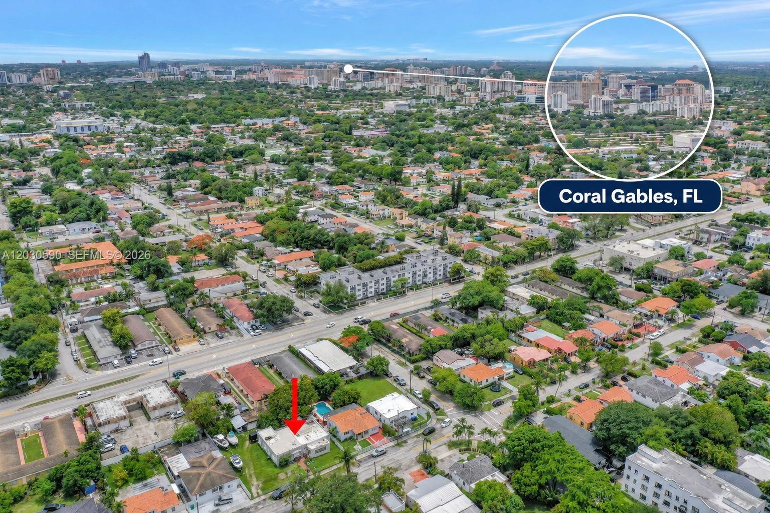 An aerial view shows a residential neighborhood with a red arrow pointing to a house — 3078 NW Flagler Ter, Miami FL 33125, MIAMI, FL