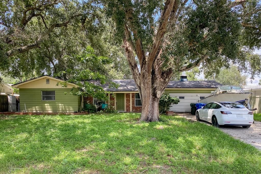 A single-story house with green siding, a brick facade, and a large tree in front — 810 ORANGE VIEW DRIVE, LARGO, FL