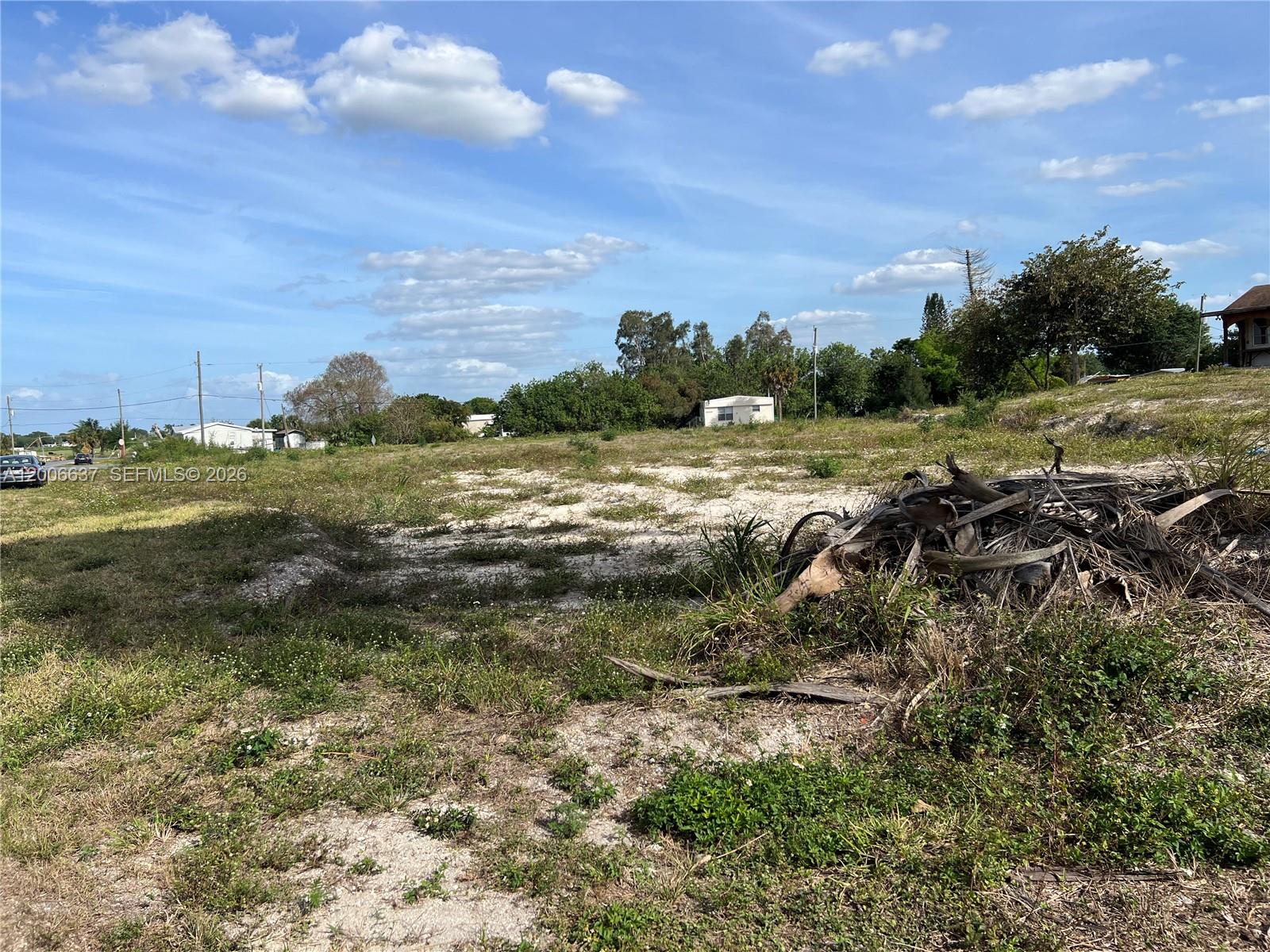A vacant, grassy lot features a pile of palm fronds under a blue sky — 1510 River Road, Moore Haven FL 33873, MOORE HAVEN, FL