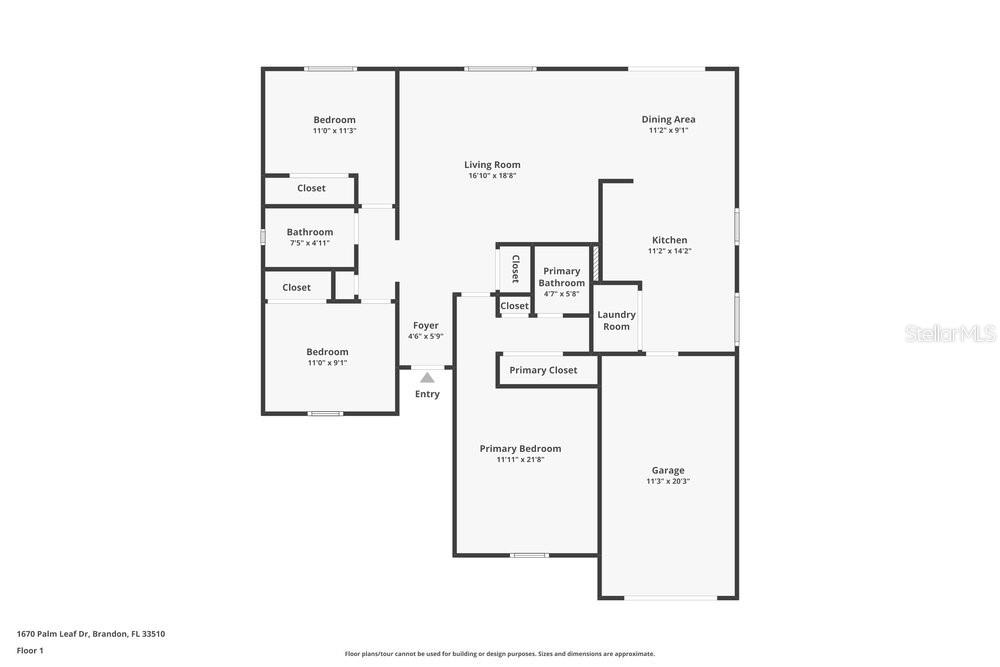 This is a floor plan for a single-story house with three bedrooms and a garage — 1670 PALM LEAF DRIVE, BRANDON, FL