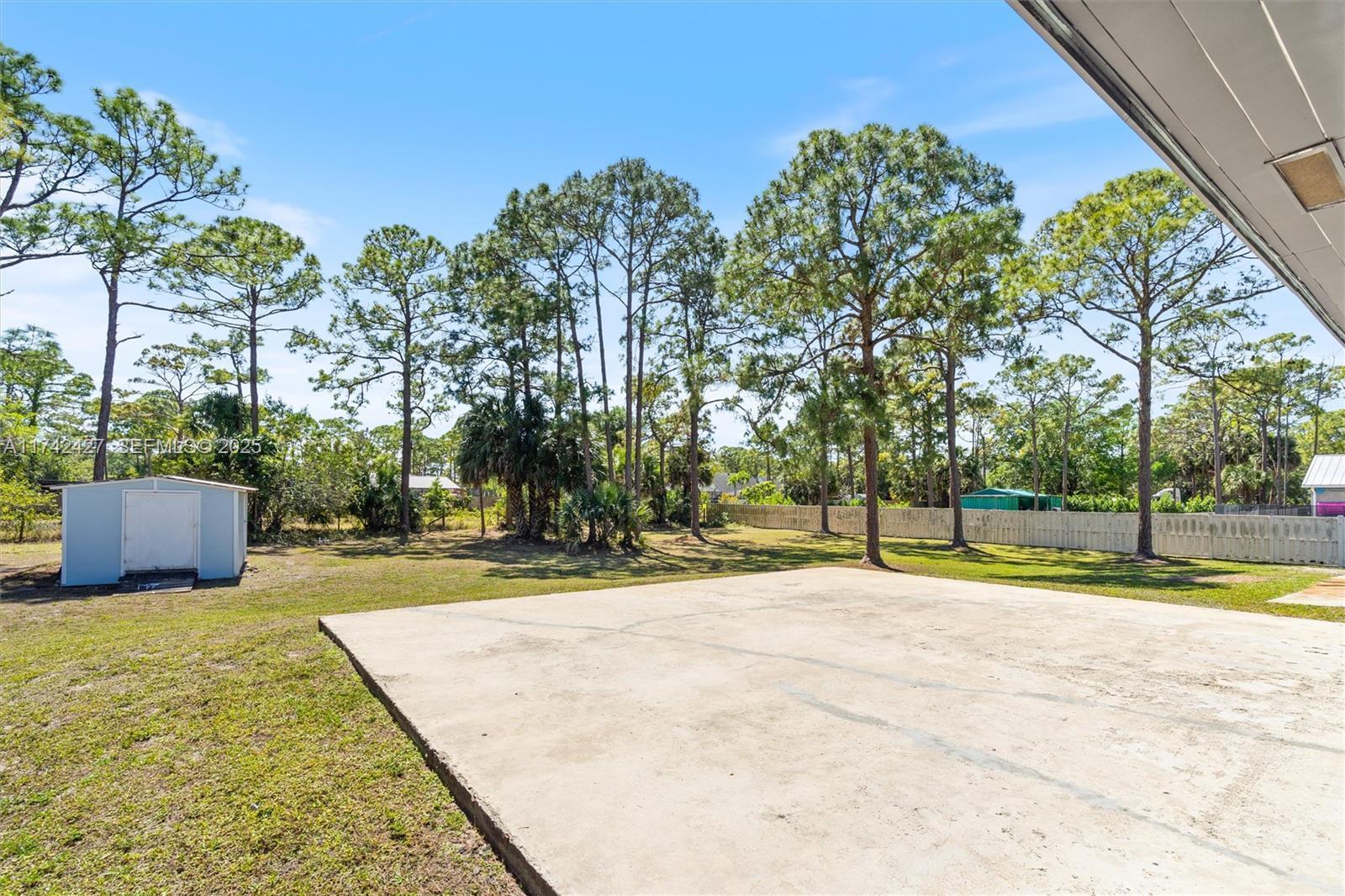 A concrete patio sits in a grassy backyard with a shed and tall pine trees — 11448 N 68th St Street N, FL 33412, FL