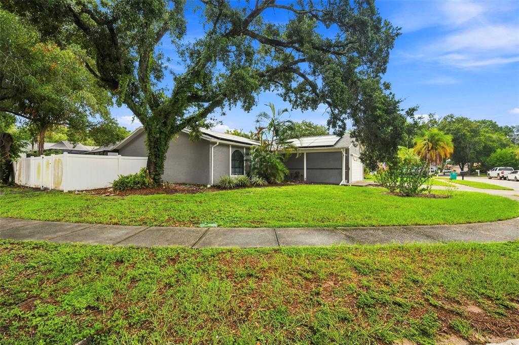 A gray single-story house with a large oak tree and solar panels on the roof — 2475 GULFBREEZE CIRCLE, PALM HARBOR, FL