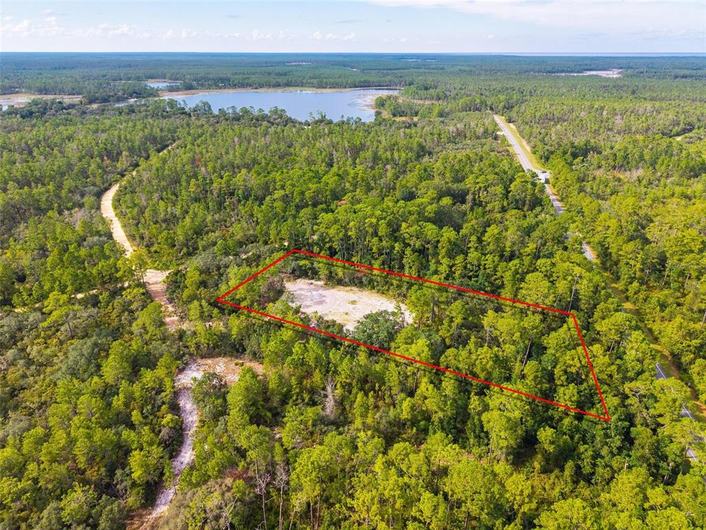 An aerial view shows a cleared, rectangular lot surrounded by dense forest and a lake — 52215 STATE ROAD 19, ALTOONA, FL