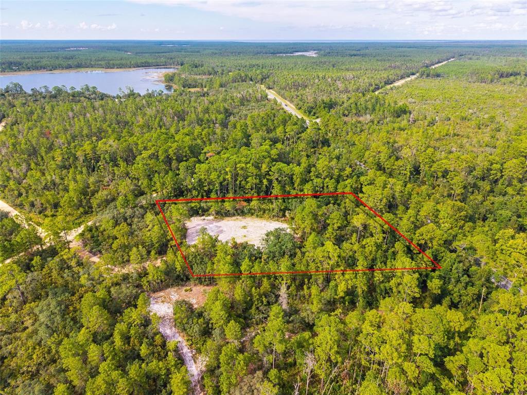 An aerial view shows a rectangular plot of land cleared within a dense forest — 52215 STATE ROAD 19, ALTOONA, FL