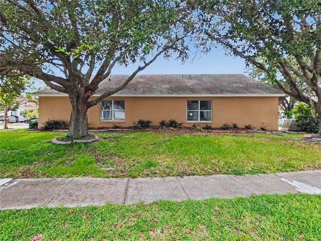 A single-story tan house with two windows sits behind a large tree and lawn — 544 CYPRESS TREE COURT, ORLANDO, FL