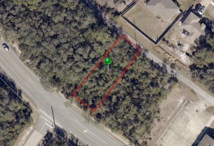 An aerial view shows a rectangular, wooded vacant lot outlined in red next to a road — 732 FORT SMITH BOULEVARD, DELTONA, FL