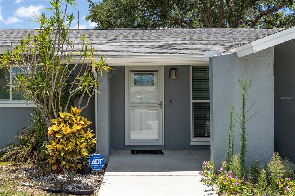 The exterior of a gray house features a front door with a storm door — 4309 HURON LANE, CLEARWATER, FL