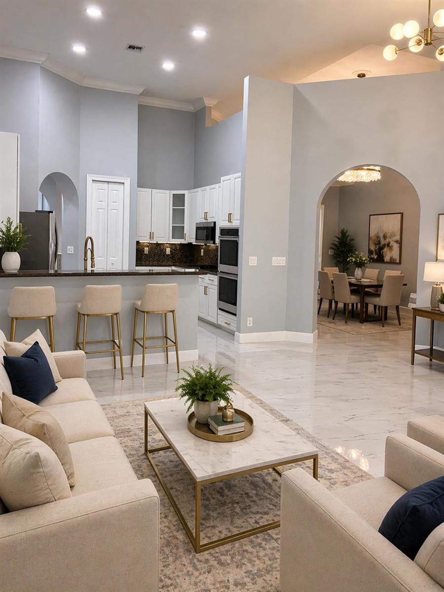 An open-concept living room and kitchen feature light blue walls, marble floors, and gold accents — 10295 Trianon Place, Wellington FL 33449, WELLINGTON, FL