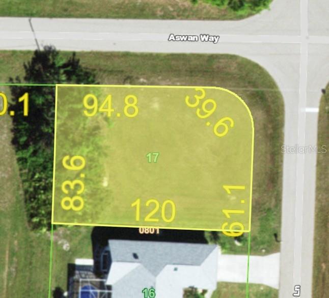 This is a map showing the property boundaries and dimensions of a corner residential lot — 2355 PRAGUE LANE, PUNTA GORDA, FL