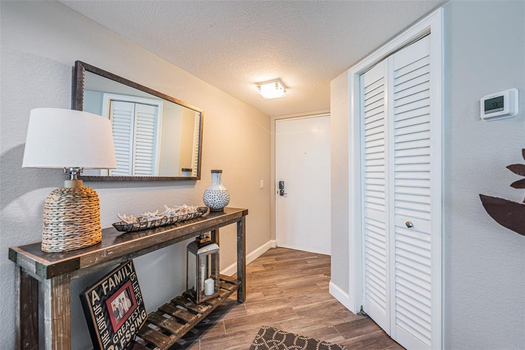 An entryway features a wooden console table, a mirror, and louvered closet doors — 5825 PUERTA DEL SOL BOULEVARD S UNIT 166, ST PETERSBURG, FL