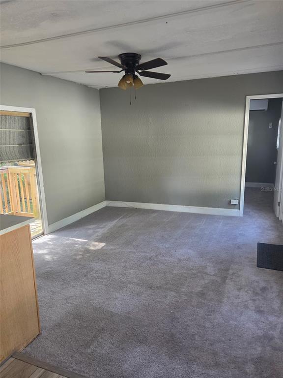A living room with gray walls, gray carpeting, a ceiling fan, and a glass door — 906 ESTELLE AVENUE, BRANDON, FL
