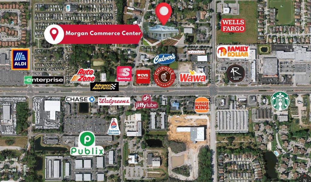 This is an aerial map showing the Morgan Commerce Center and surrounding retail businesses — 981 VINELAND ROAD, WINTER GARDEN, FL