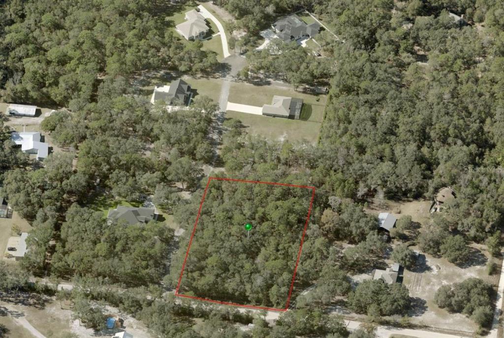 An aerial view shows a rectangular, wooded vacant lot outlined in red — 1425 RENBAR ROAD, DE LEON SPRINGS, FL