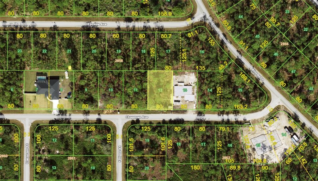 This is a satellite map showing residential lots and streets in a wooded area — 12118 CHAPMAN AVENUE, PORT CHARLOTTE, FL