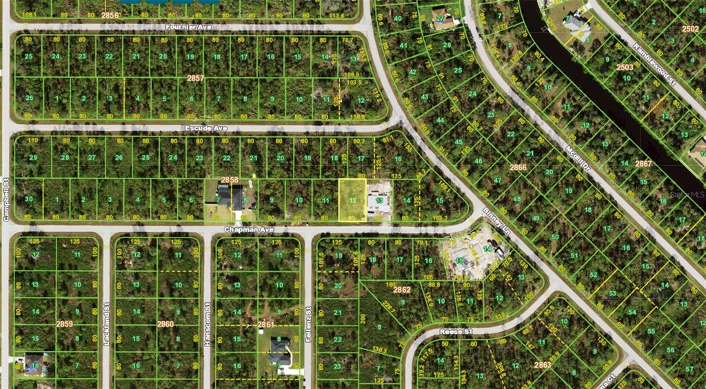 This is an aerial map showing residential land parcels and street layouts in a neighborhood — 12118 CHAPMAN AVENUE, PORT CHARLOTTE, FL