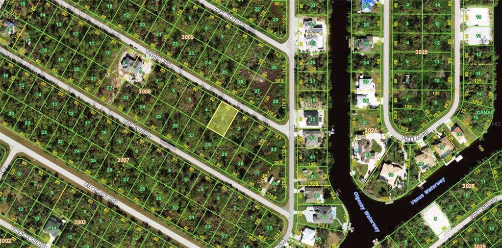 This is an aerial map showing residential lots and streets in a wooded area — 12349 TOYNBEE LANE, PORT CHARLOTTE, FL