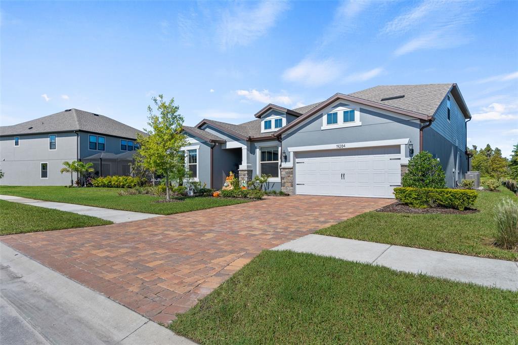 A bright open-concept living room features a sectional sofa, wooden armchairs, and a kitchen — 19284 BRIARBROOK DRIVE, TAMPA, FL