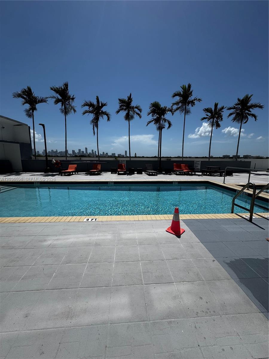 A swimming pool with lounge chairs and palm trees under a clear blue sky — 2301 SW 27th Ave # 503, Miami FL 33145, MIAMI, FL