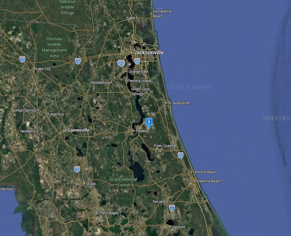 This is a map showing the region of Northeast Florida, including Jacksonville, Gainesville, and Palatka — 10030 DELGADO AVENUE, HASTINGS, FL