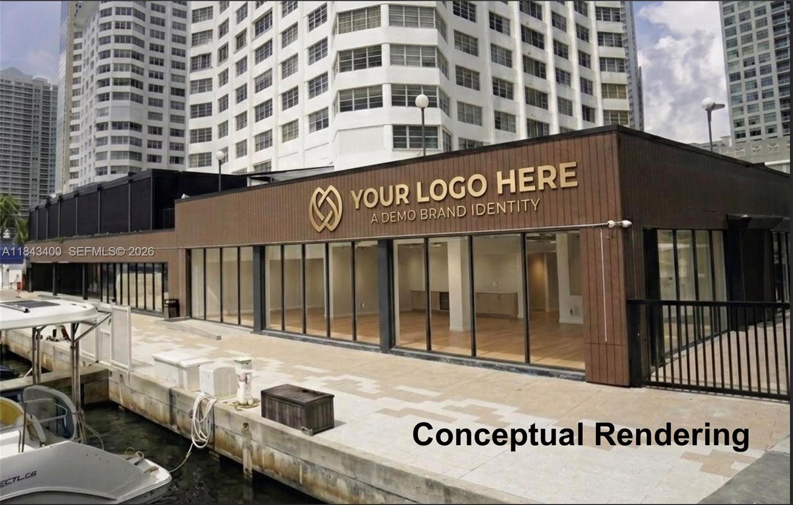 This conceptual rendering shows a waterfront commercial space with glass walls and wood-paneled exterior siding — 801 Brickell Bay Dr, Miami FL 33131, MIAMI, FL
