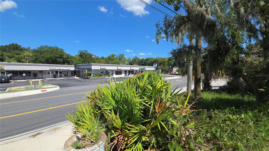 A view of a single-story commercial strip mall with a parking lot and surrounding trees — 236 N AMELIA AVENUE, DELAND, FL