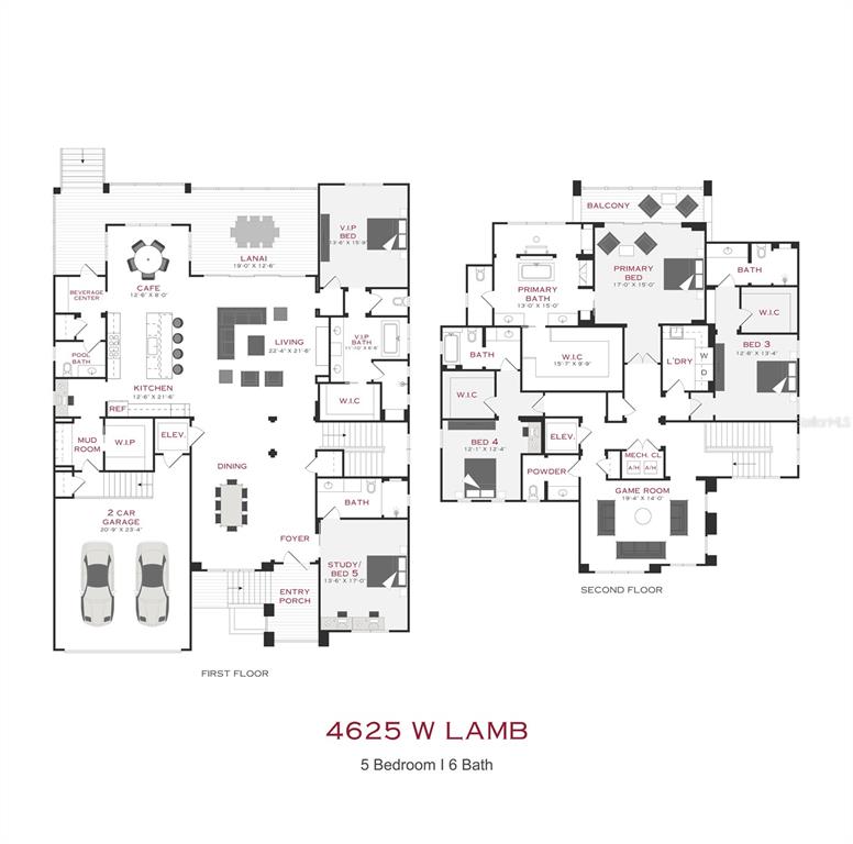 This is a two-story floor plan for a five-bedroom, six-bathroom residential home — 4625 W LAMB AVENUE, TAMPA, FL
