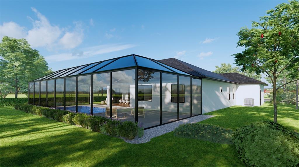 A digital rendering shows a house with a large glass-enclosed pool area and patio — 835 ROTONDA CIRCLE, ROTONDA WEST, FL