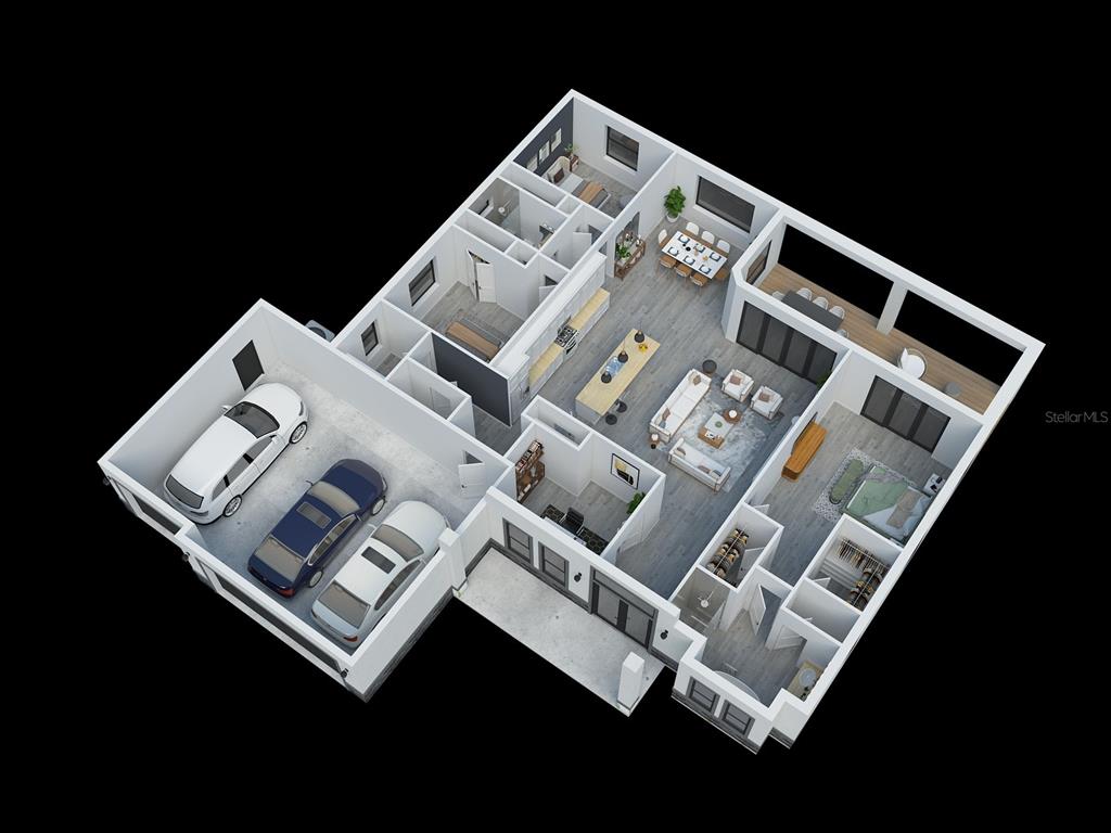This is a 3D floor plan rendering of a single-story house with a three-car garage — 835 ROTONDA CIRCLE, ROTONDA WEST, FL
