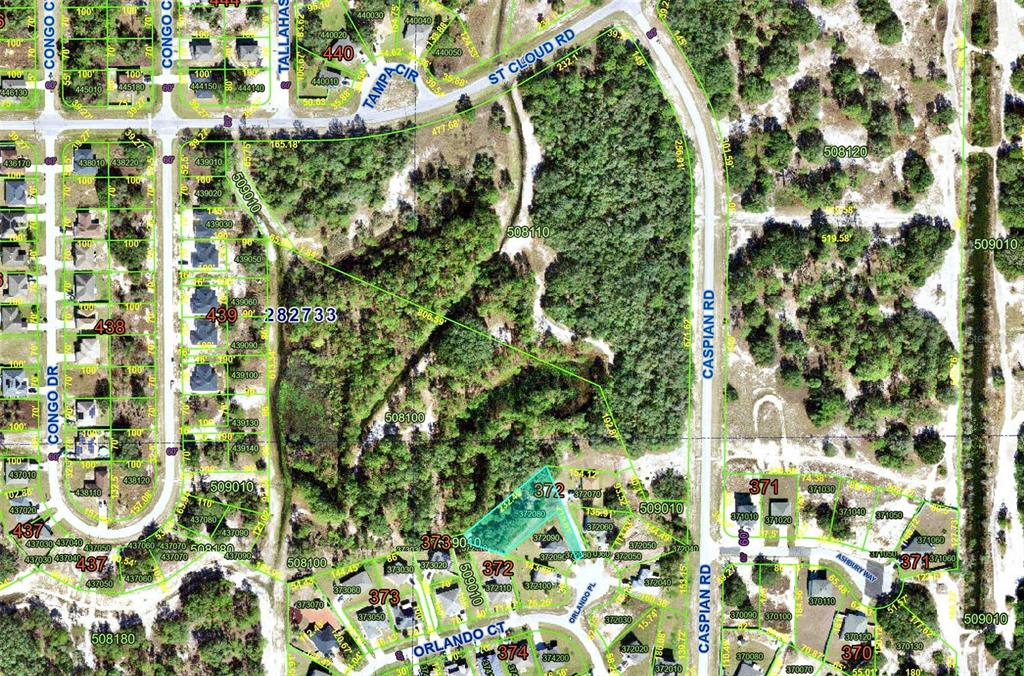This is an aerial map showing residential lots, streets, and undeveloped wooded land — 1404 ORLANDO PLACE, KISSIMMEE, FL