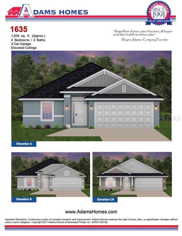 This is a rendering of three different exterior elevations for a single-story residential home — 12964 KENT BRADLEY STREET, DADE CITY, FL
